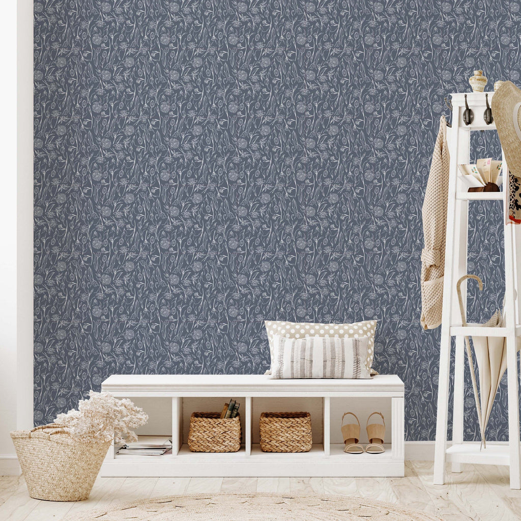 Eve Floral Wallpaper in White and Blue Traditional Romantic
