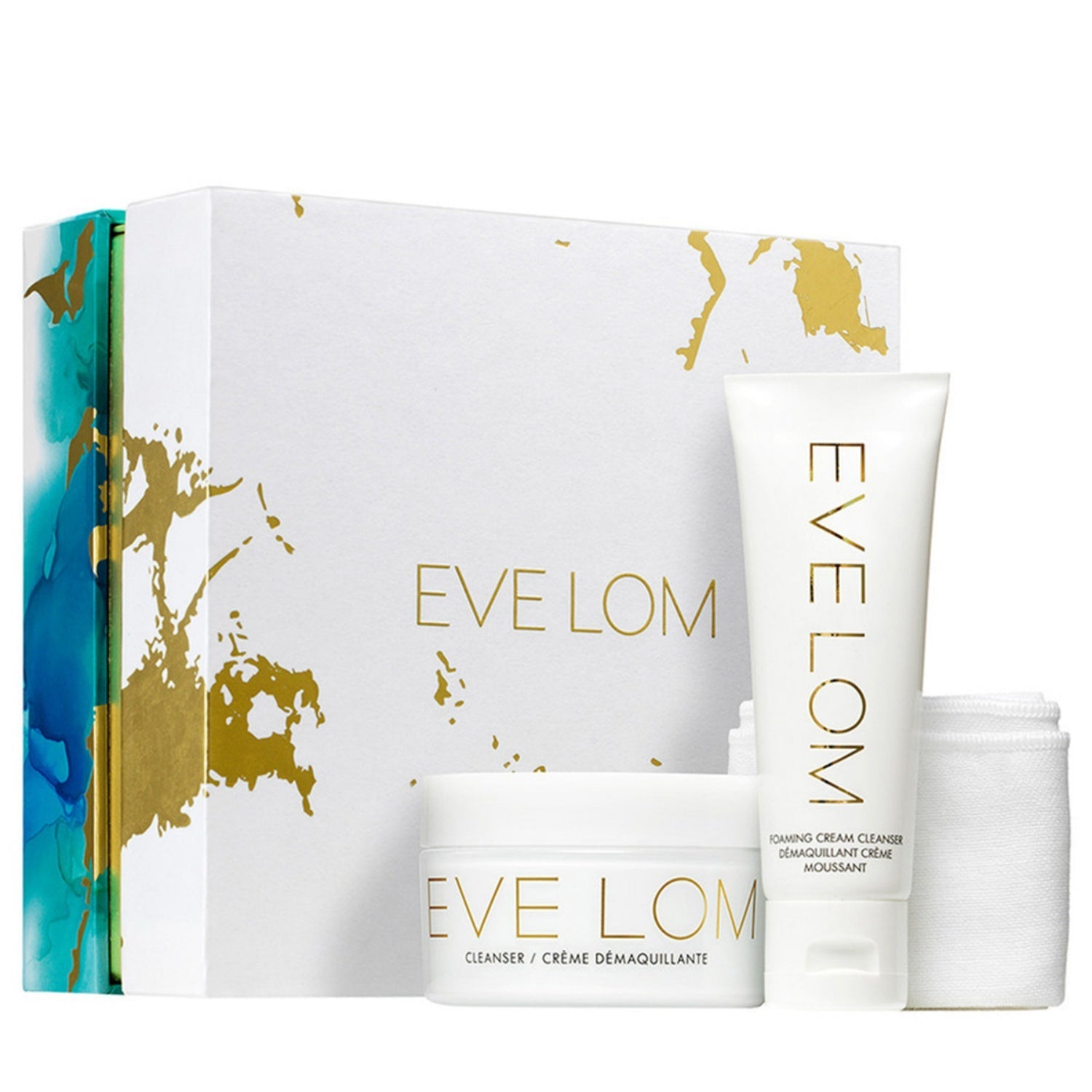 Eve Lom double cleanse gift set in white, gold, and teal luxury packaging