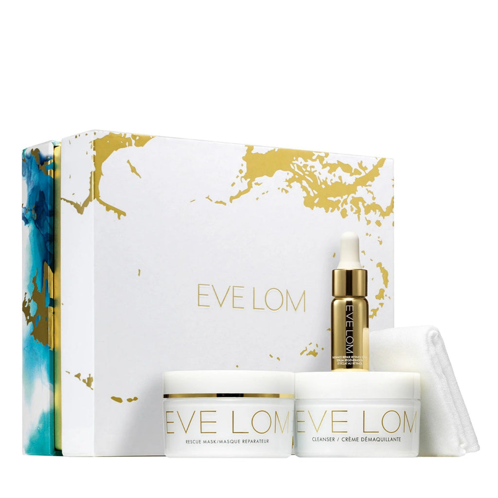 Eve Lom Radiance Ritual Gift Set Trio containing three skincare essentials for cleansing and hydration.