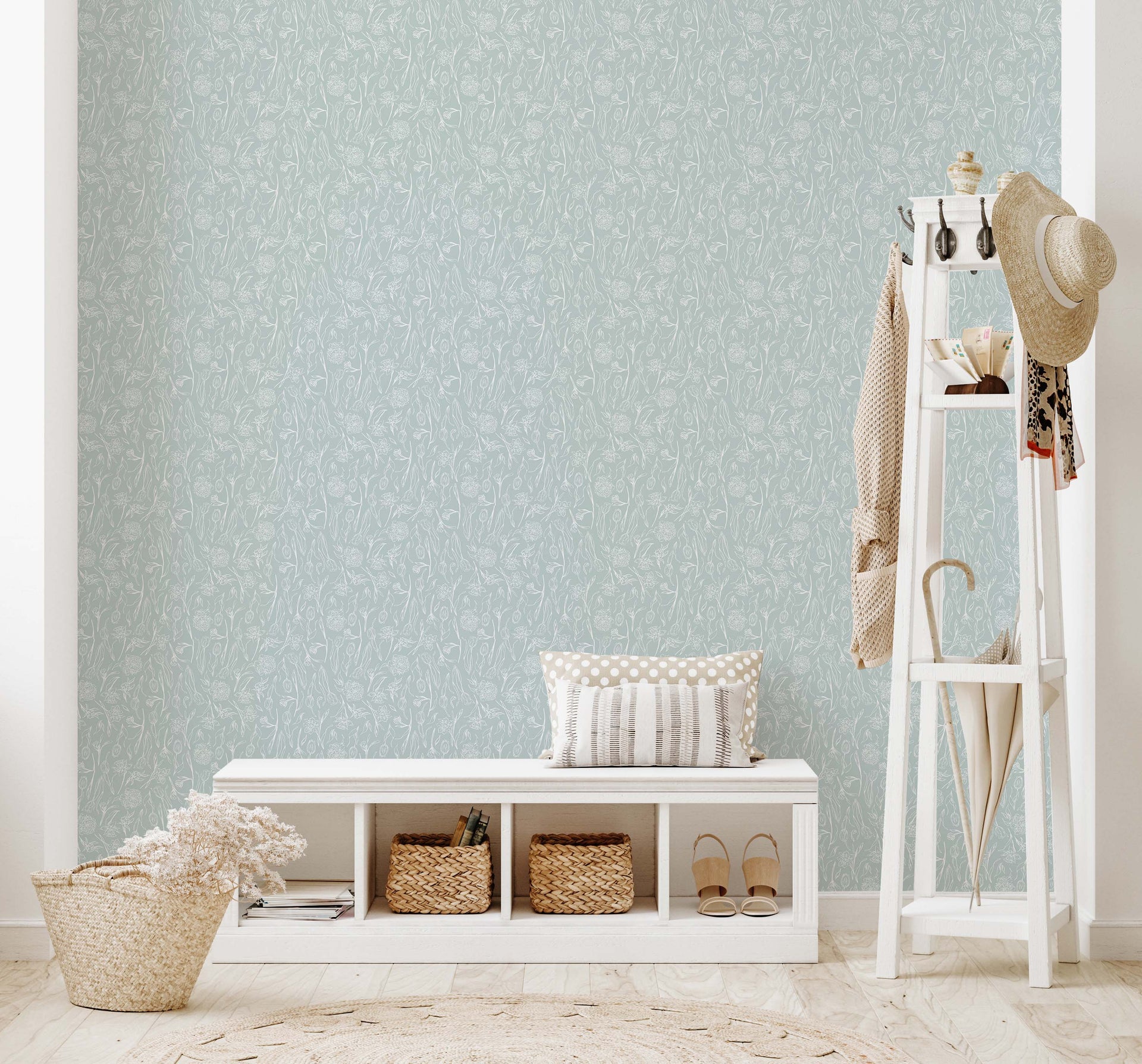 Eve Floral Wallpaper in White and Blue Traditional Romantic
