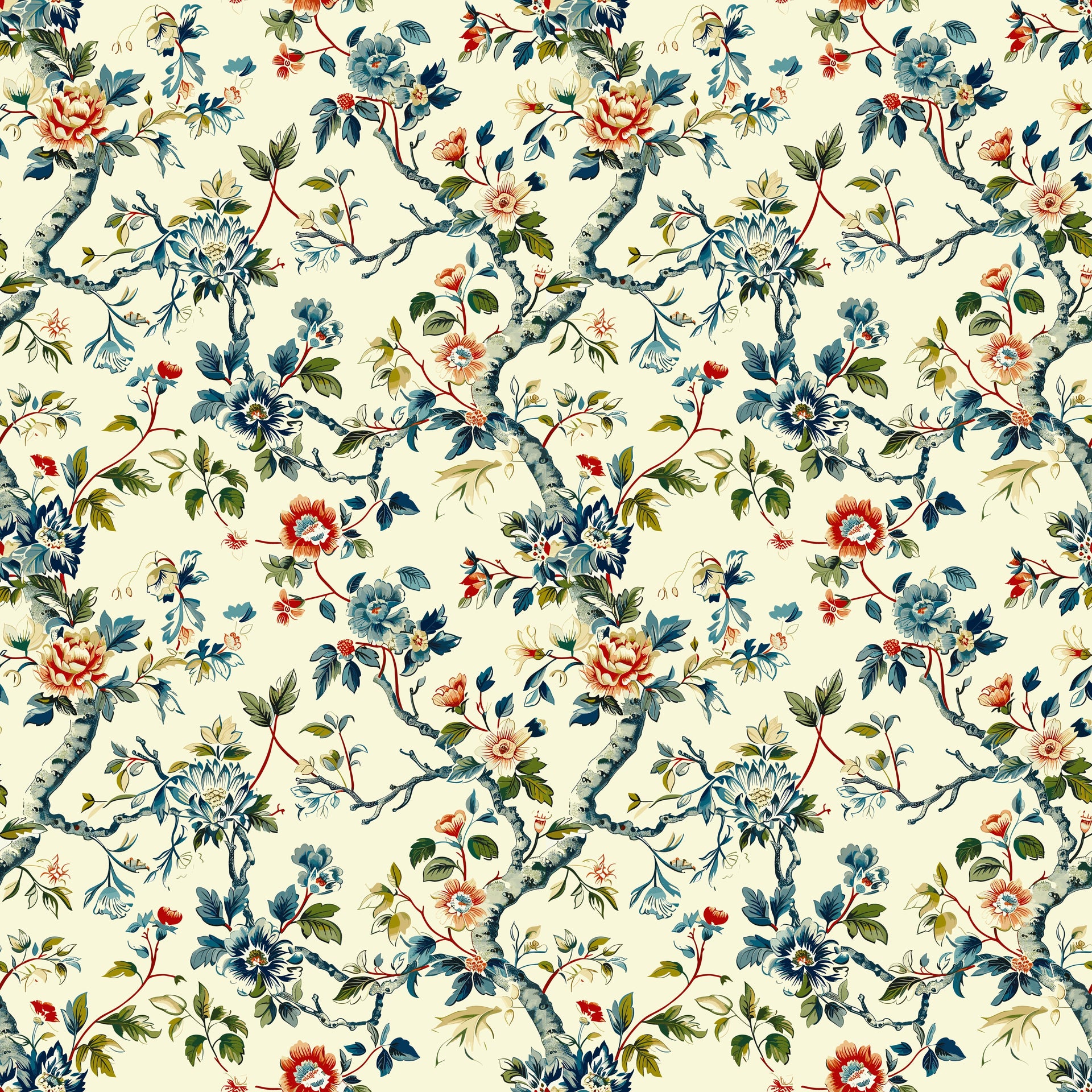 Eveline Floral Wallpaper - Traditional Botanical Cream Blue Pink Green