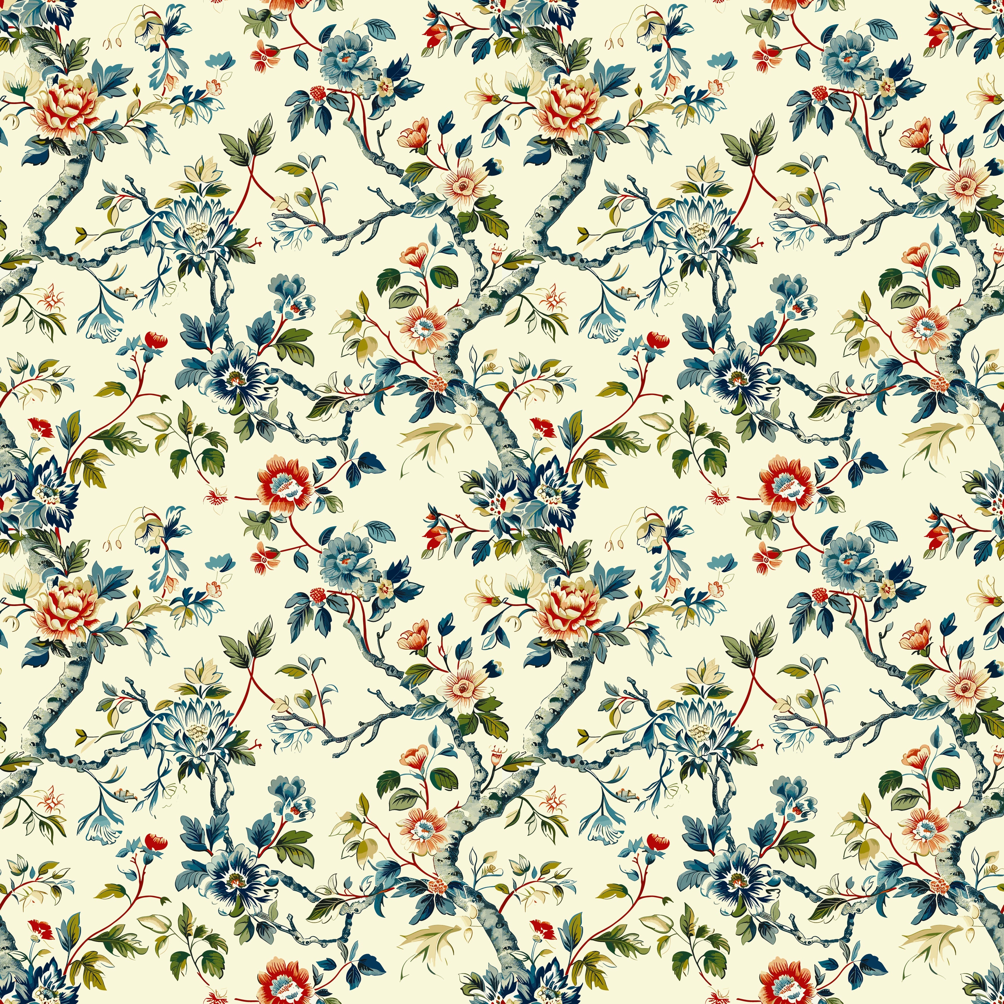 Eveline Floral Wallpaper - Traditional Botanical Cream Blue Pink Green