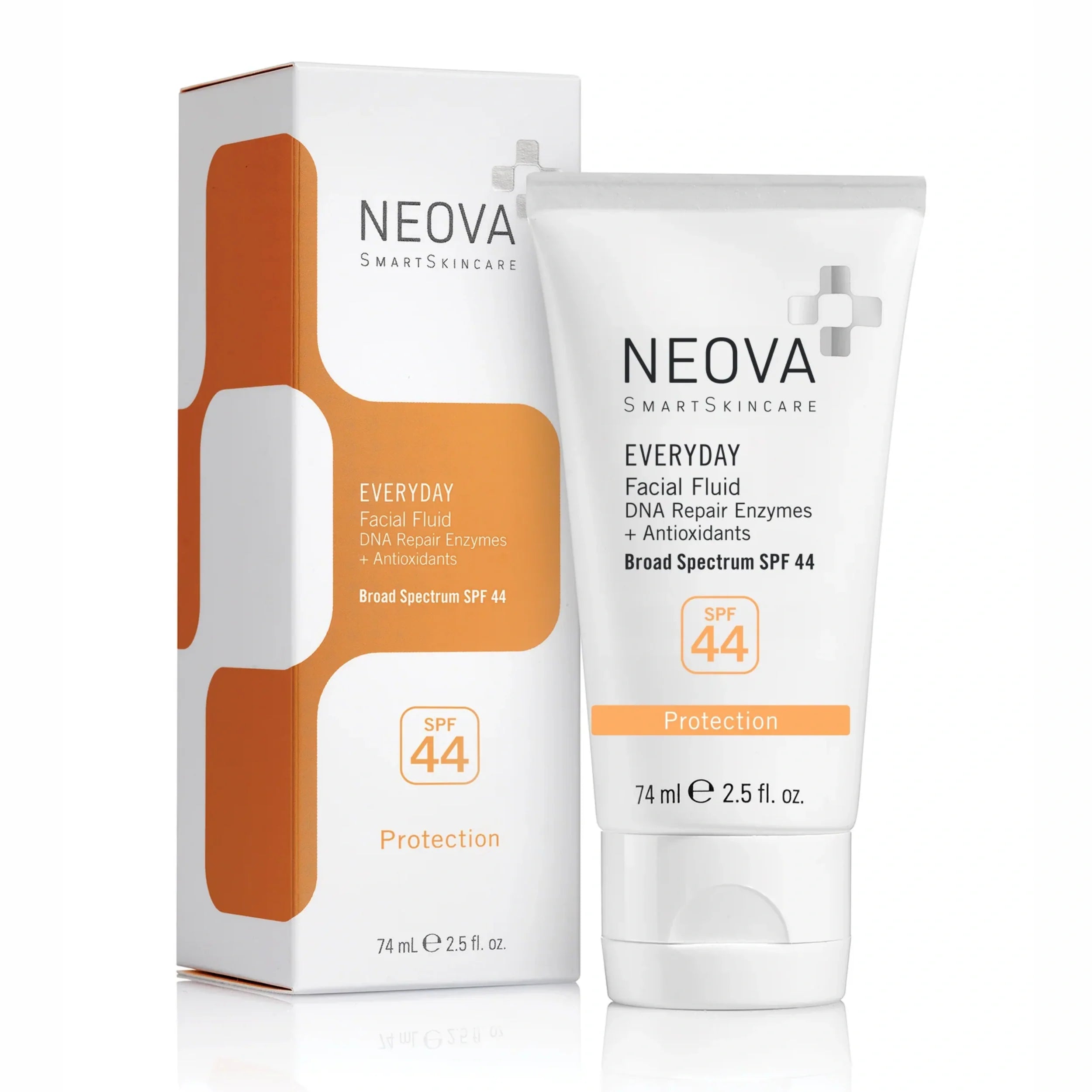 Neova Everyday Facial Fluid Broad Spectrum SPF 44 in white and orange packaging
