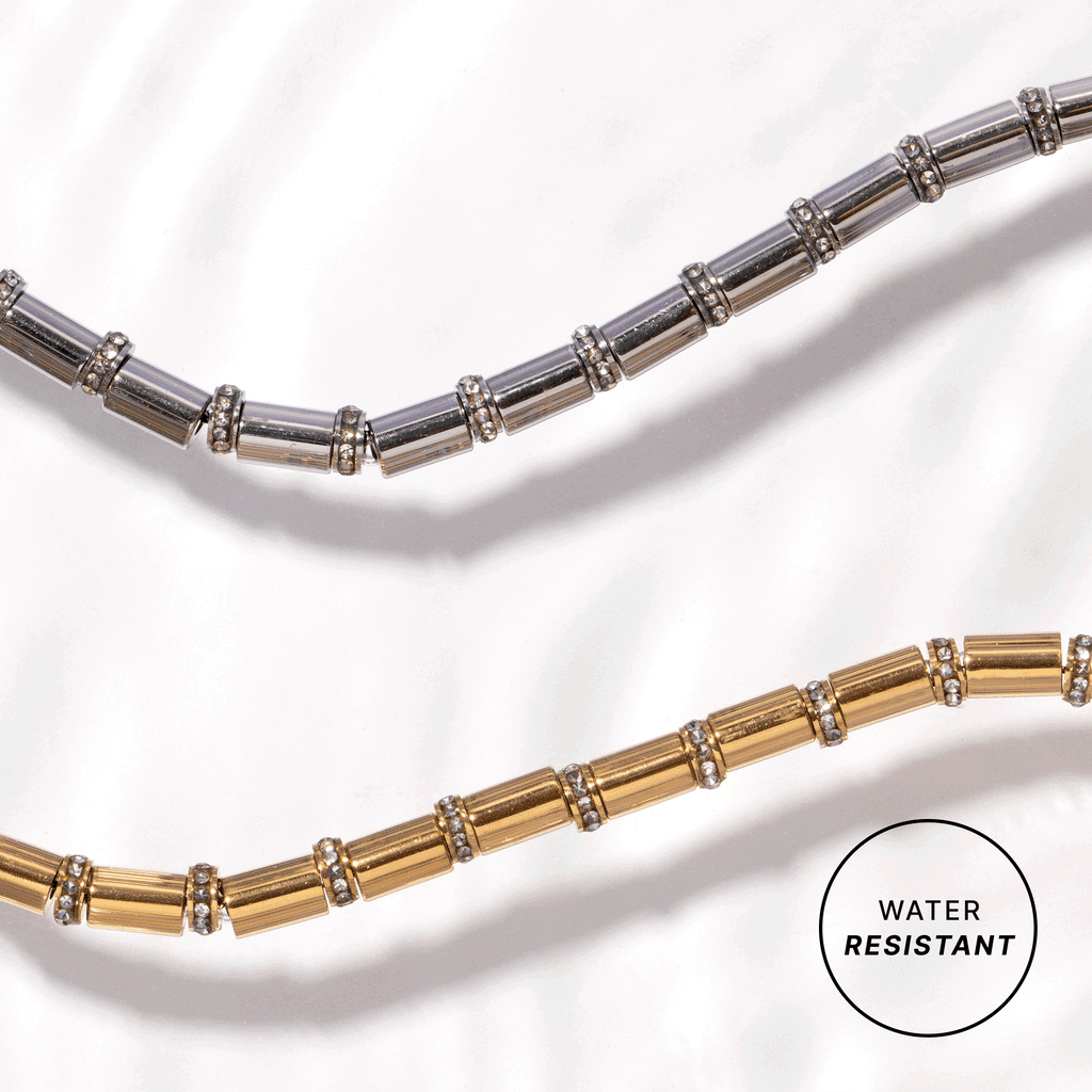 Pavé Tube Bead and Crystal Chain Bracelet in Silver