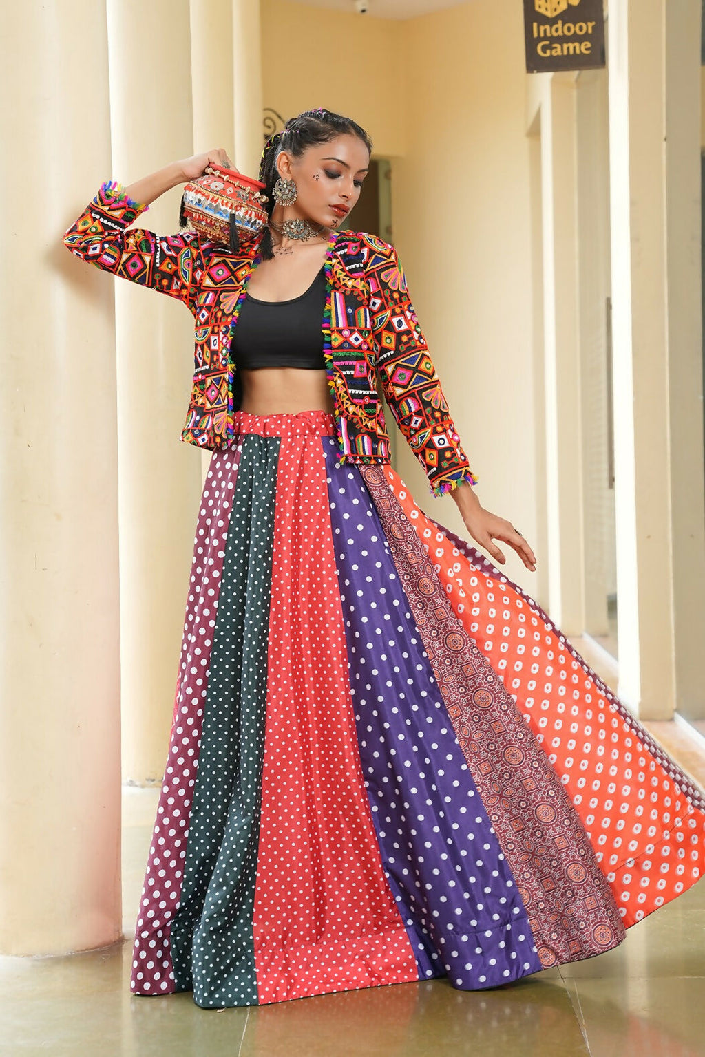 Multi Silk Crepe Lehenga Choli Set for Navratri Bohemian Fusion