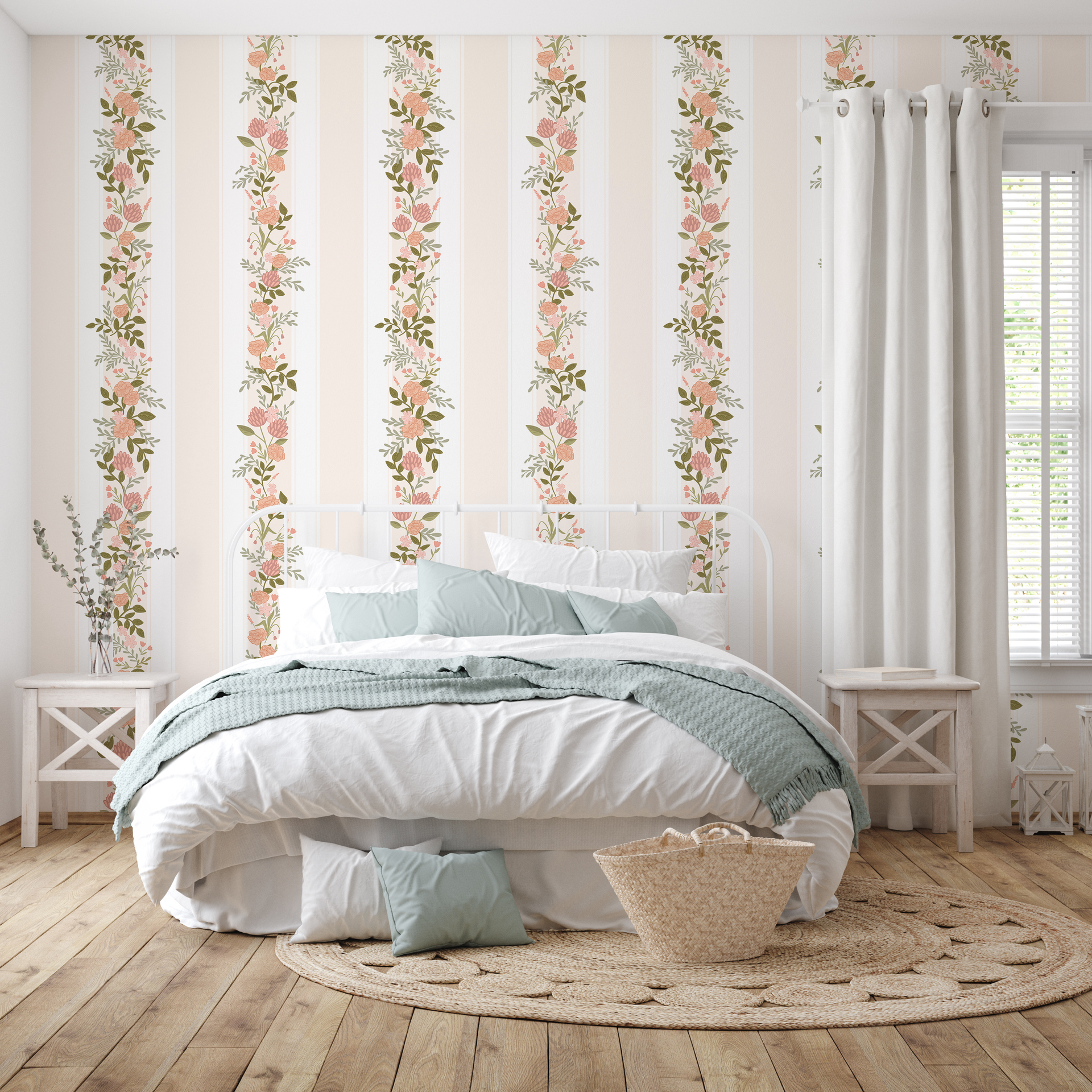 Evie Floral Removable Wallpaper in Sage-Green, Blush-Pink & Cream