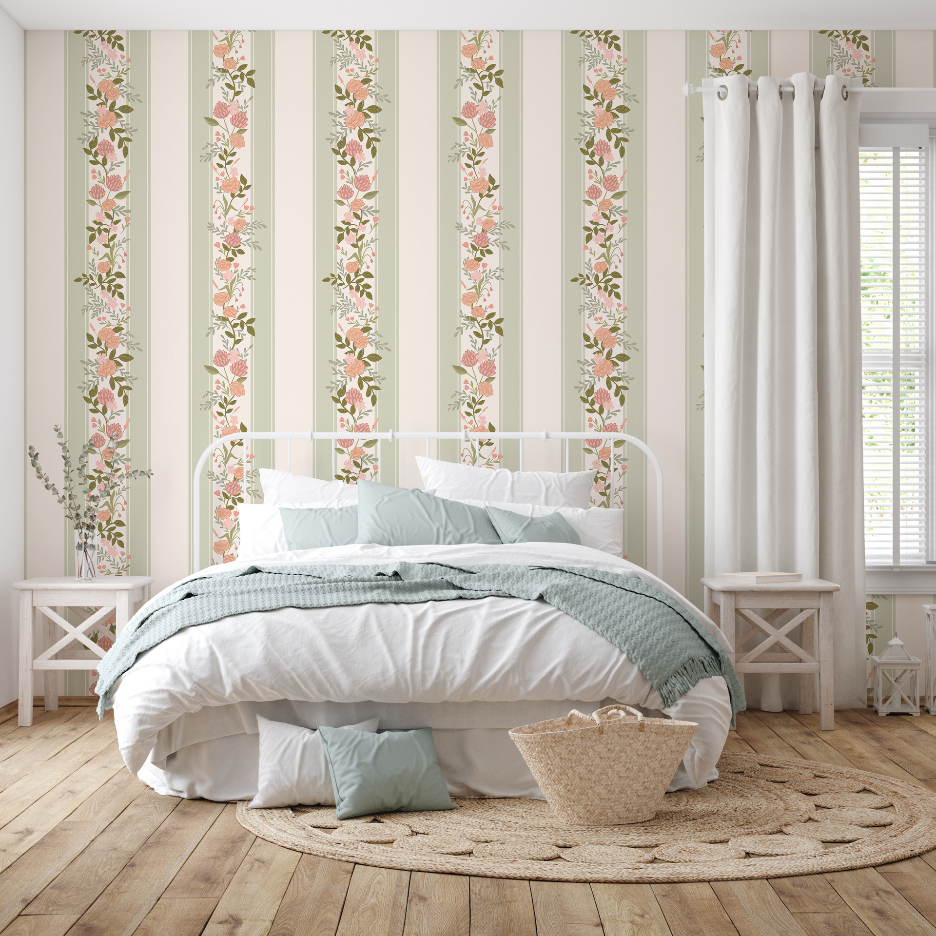 Evie Floral Removable Wallpaper in Sage-Green, Blush-Pink & Cream