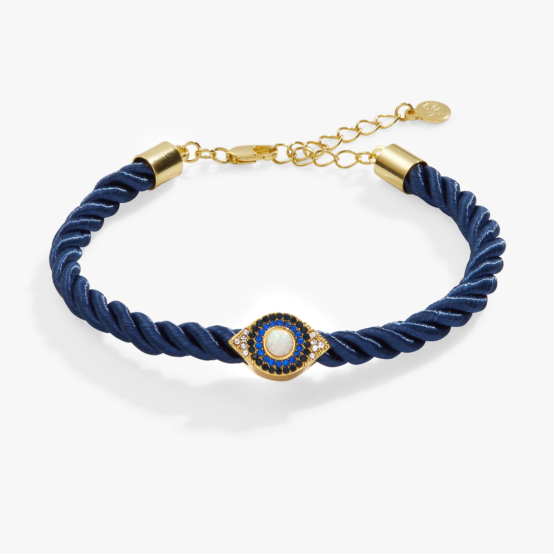 Navy blue cord bracelet with gold-tone accents and an evil eye charm featuring an opal stone center.