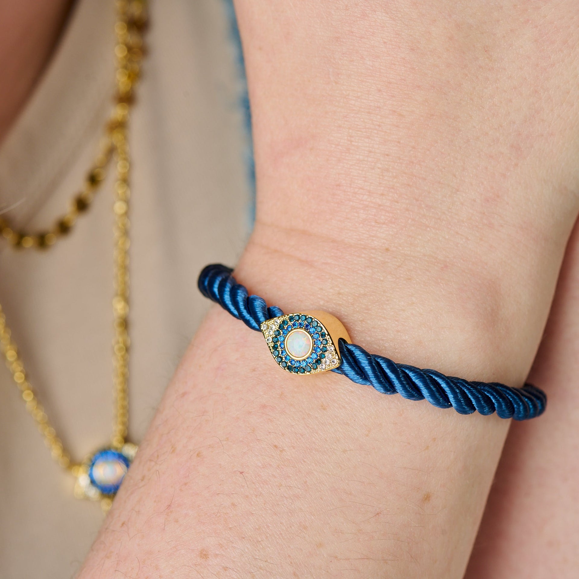 Evil Eye Adjustable Cord Bracelet with Opal Crystal Charm