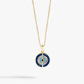 Crystal-detailed Evil Eye pendant necklace with adjustable chain on a clean background