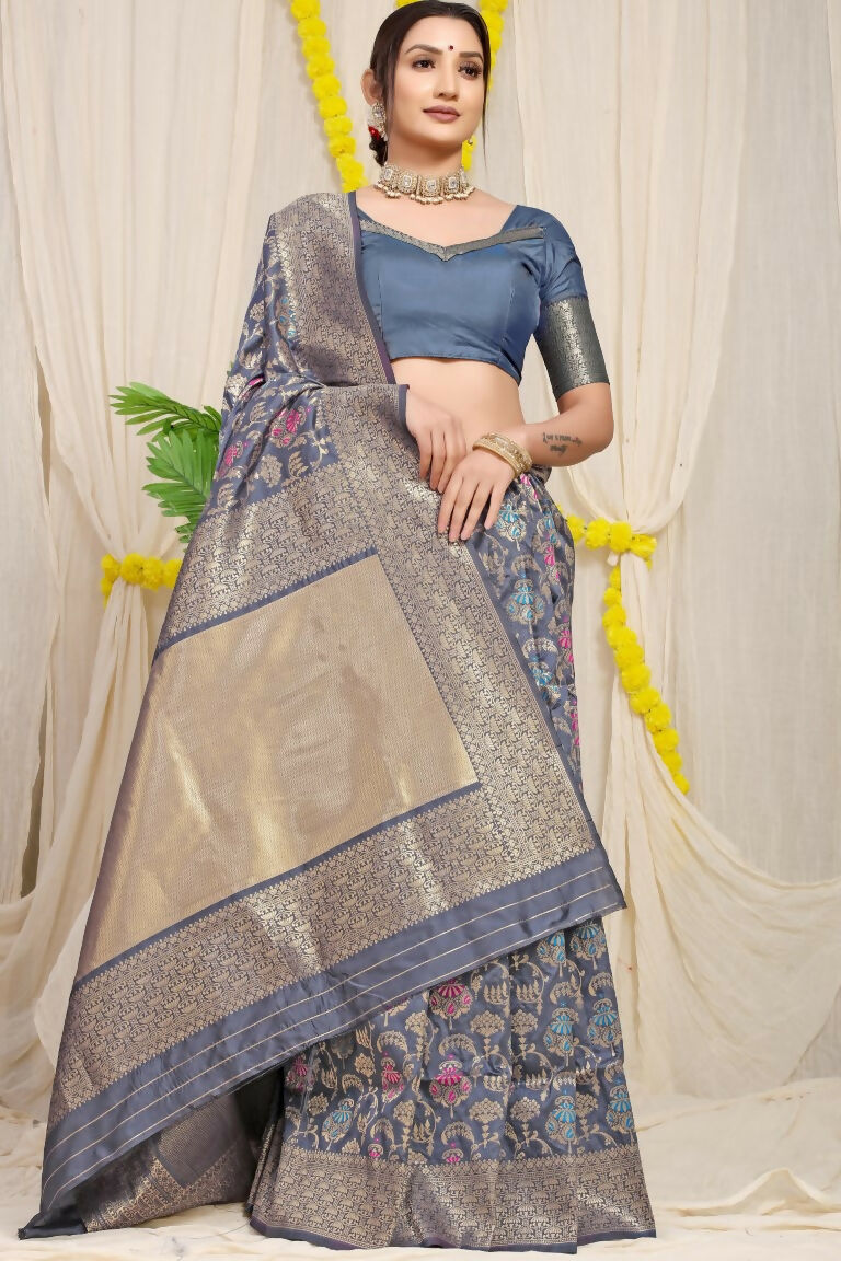 Grey Kanjivaram Silk Zari Woven Saree with Matching Blouse