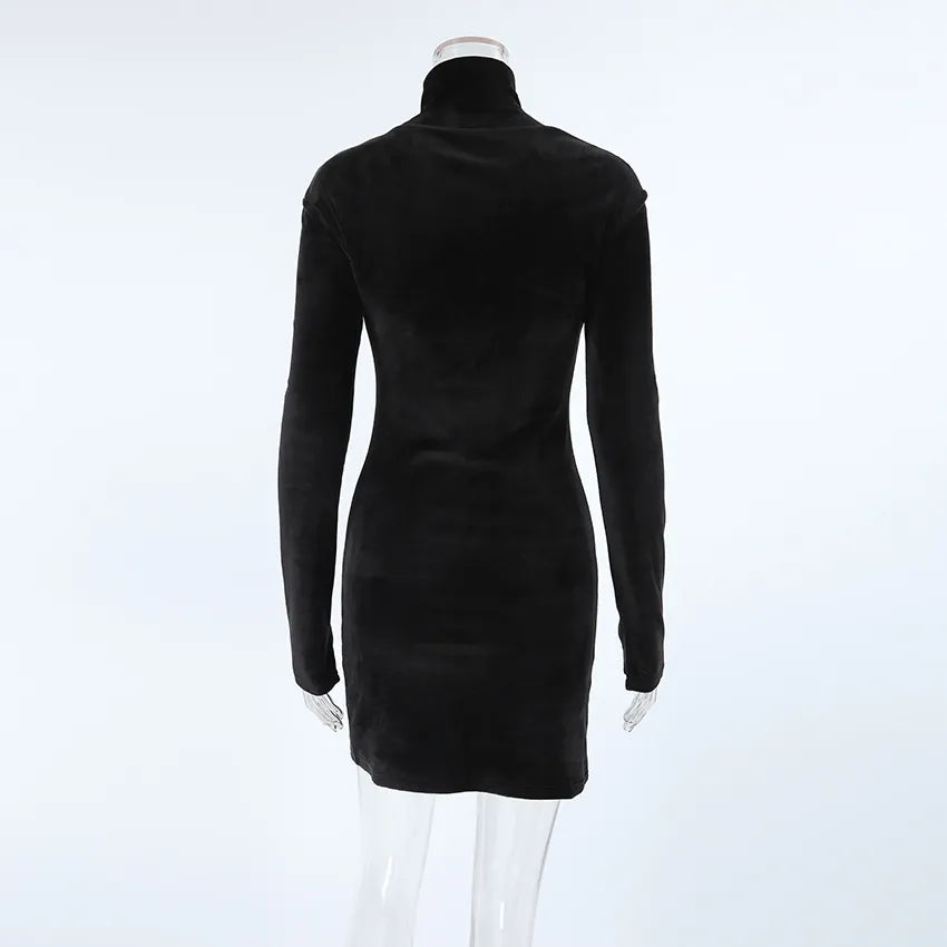 Women's Velvet Turtleneck Long Sleeve Mini Dress with Side Slit - Image 13
