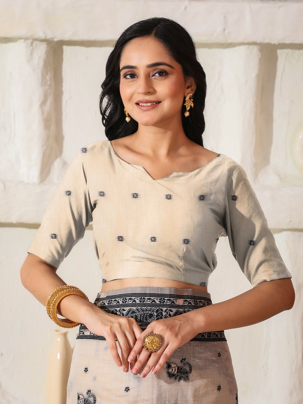 Black and Cream Linen Cotton Saree with Matching Blouse