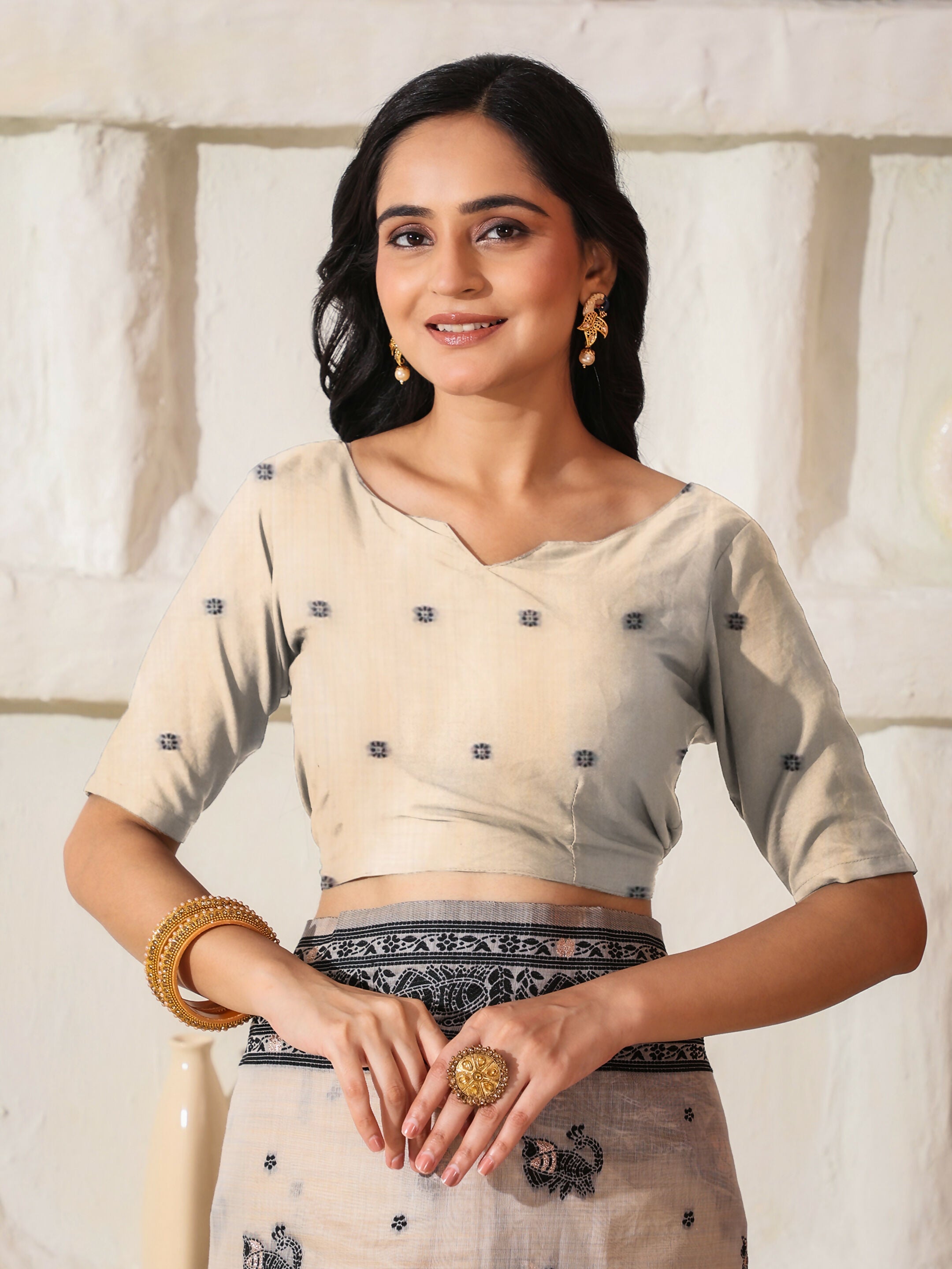 Black and Cream Linen Cotton Saree with Matching Blouse