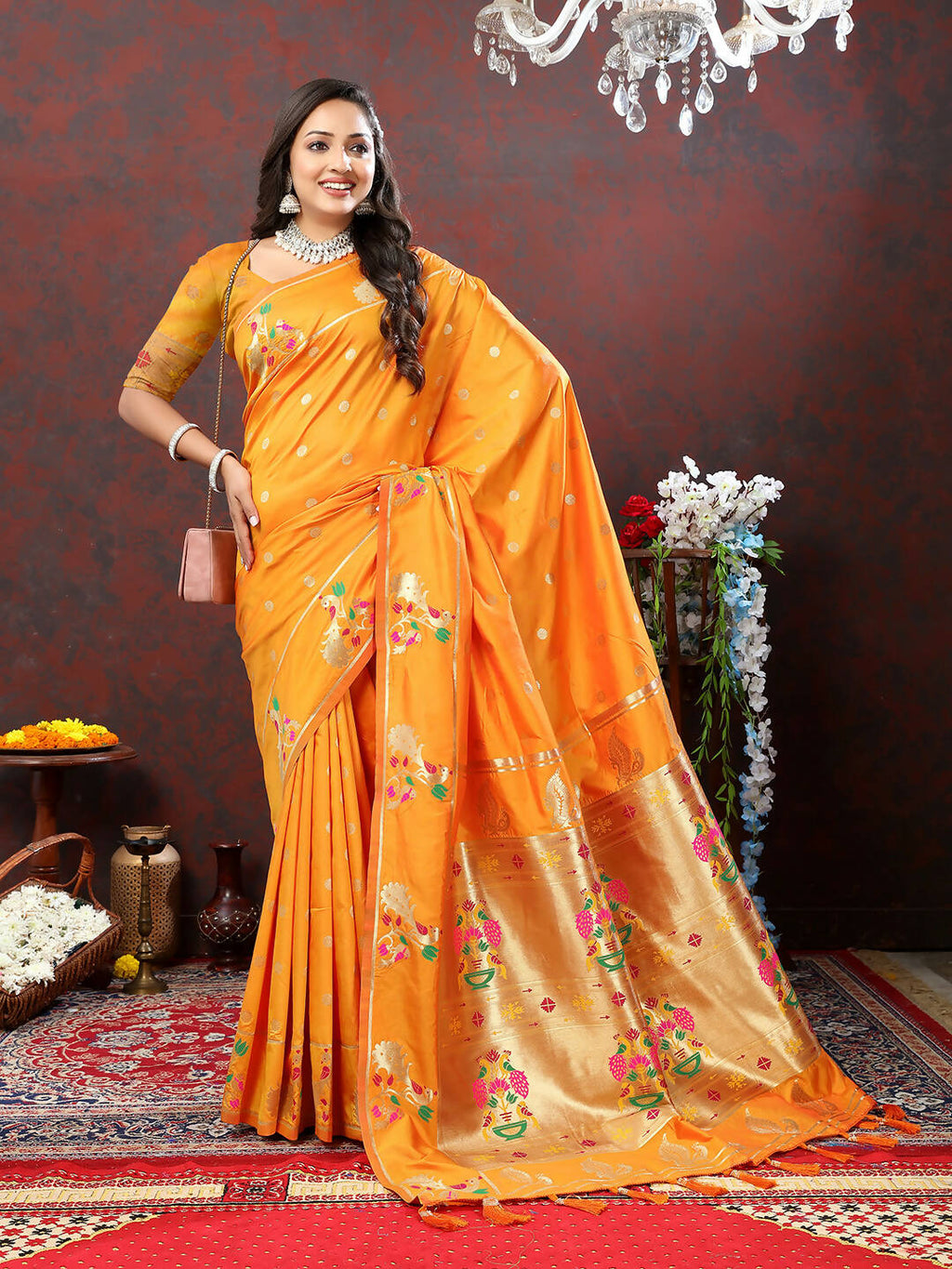 Orange Soft Paithani Silk Saree with Gold Zari Meenakari