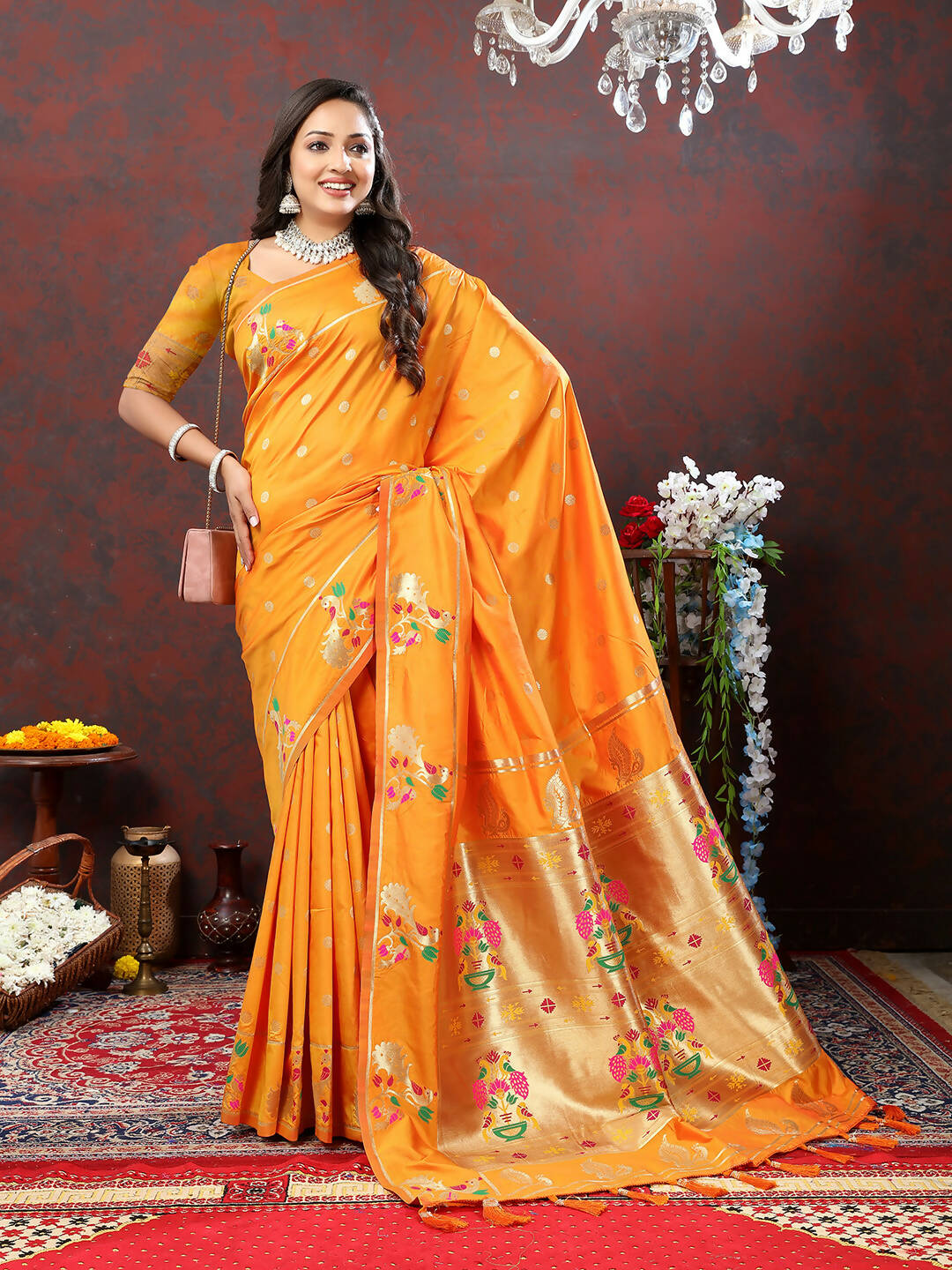 Orange Soft Paithani Silk Saree with Gold Zari Meenakari