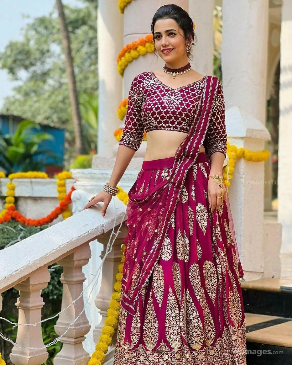 Cherry Red Faux Georgette Lehenga Choli with Jari embroidery