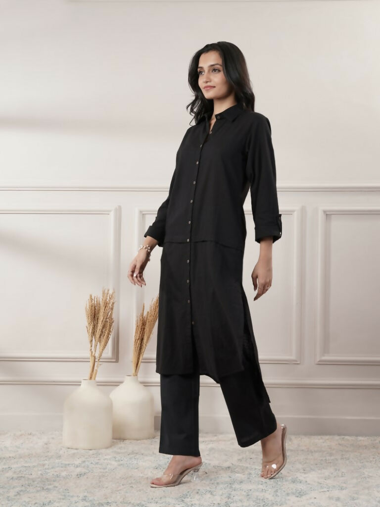 Women's Black Cotton Midi Dress With Button Detail
