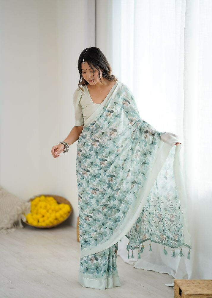 See_Green Bright Moss Satin Patta Printed Saree with Blouse