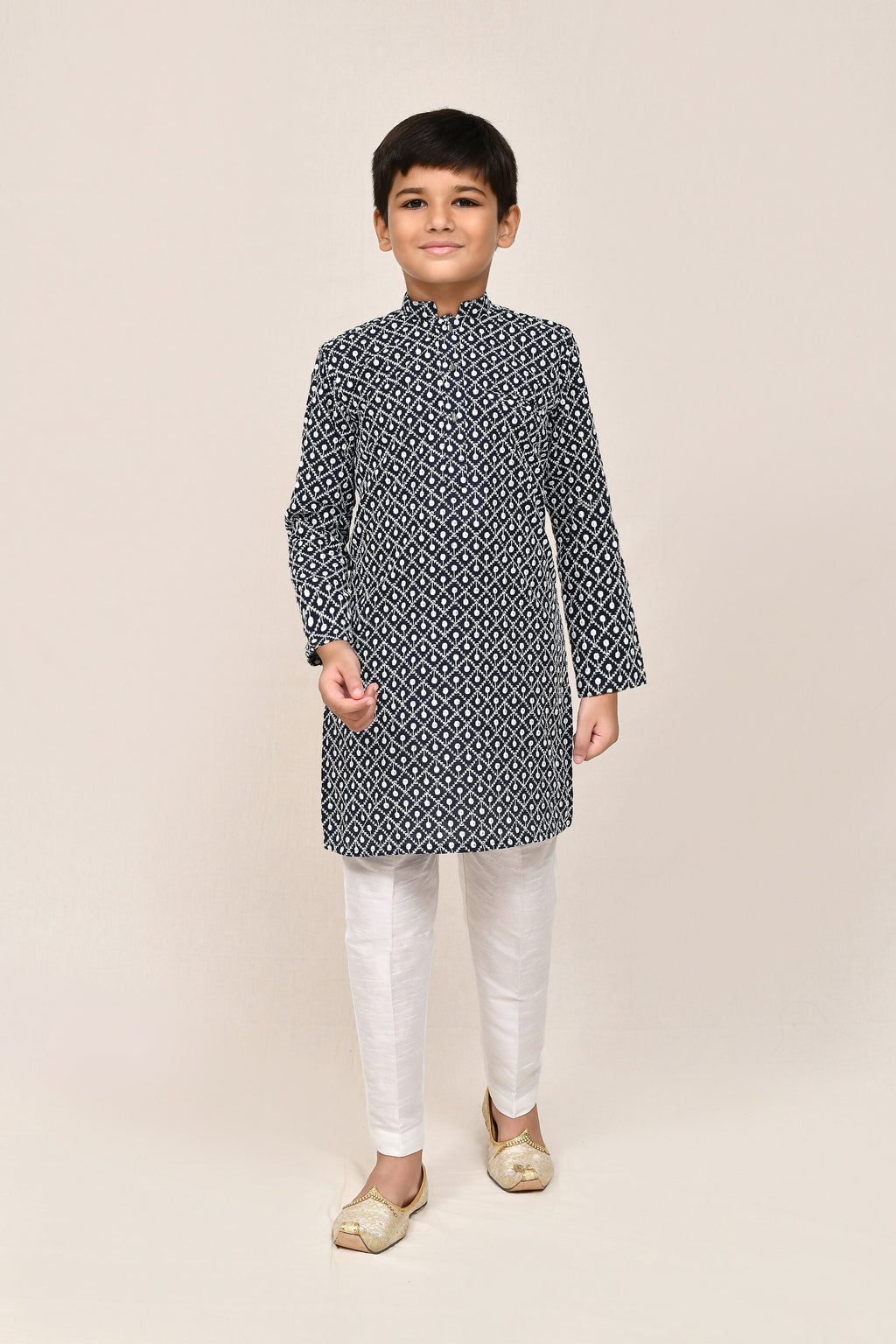 Navy Blue Cotton Kurta with White Straight Fit Pant Set
