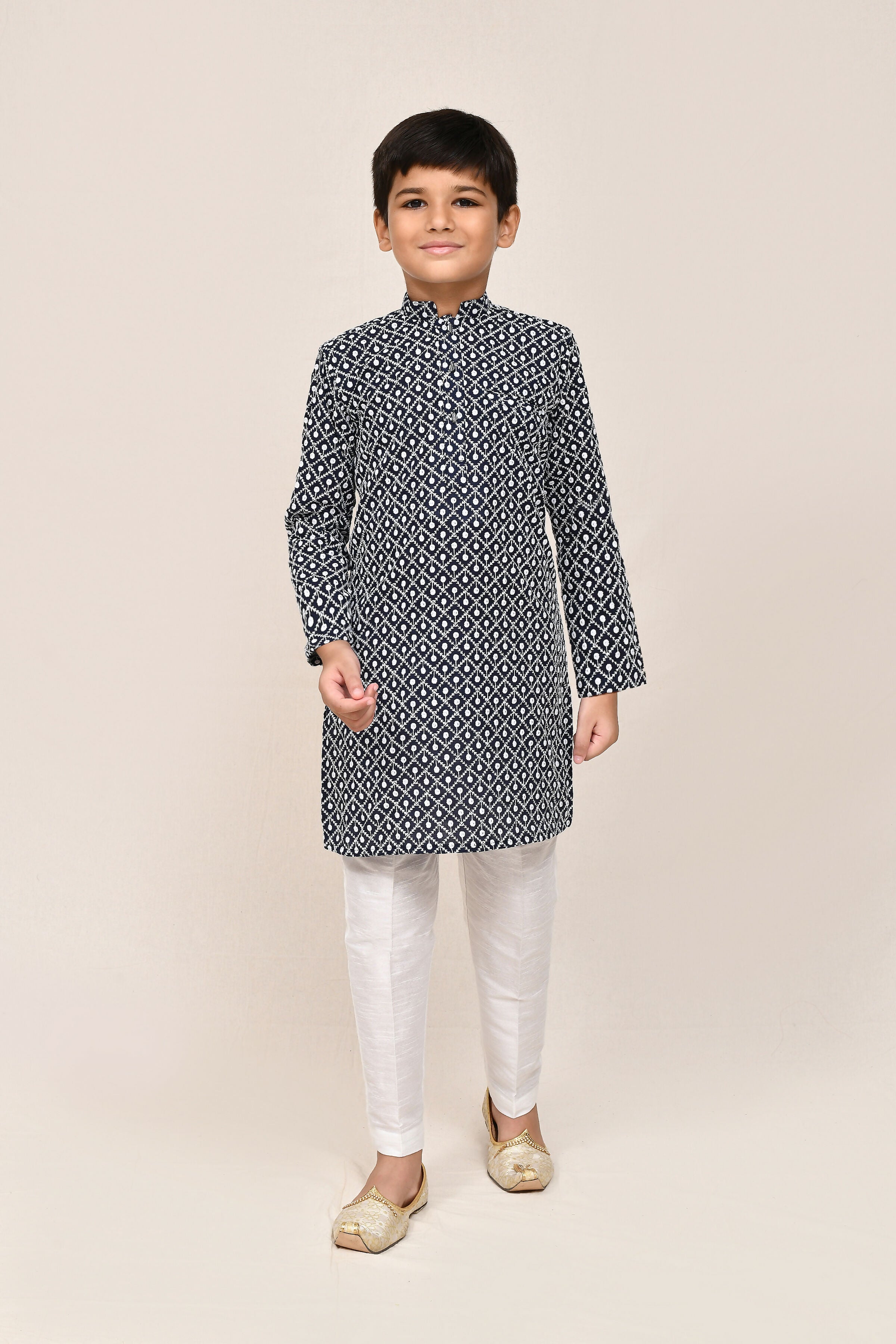 Navy Blue Cotton Kurta with White Straight Fit Pant Set