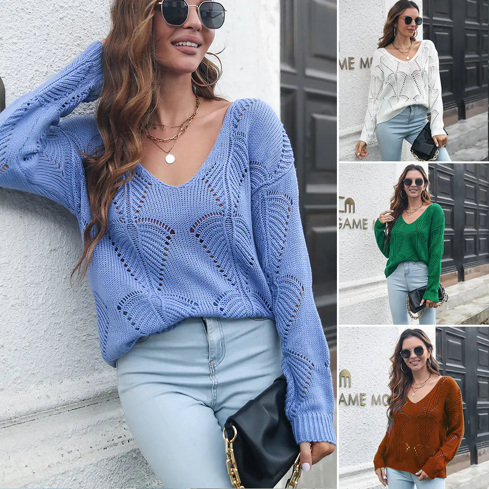 Women's Hollow Leaf Pattern V-Neck Long Sleeve Knit Sweater - Image 3
