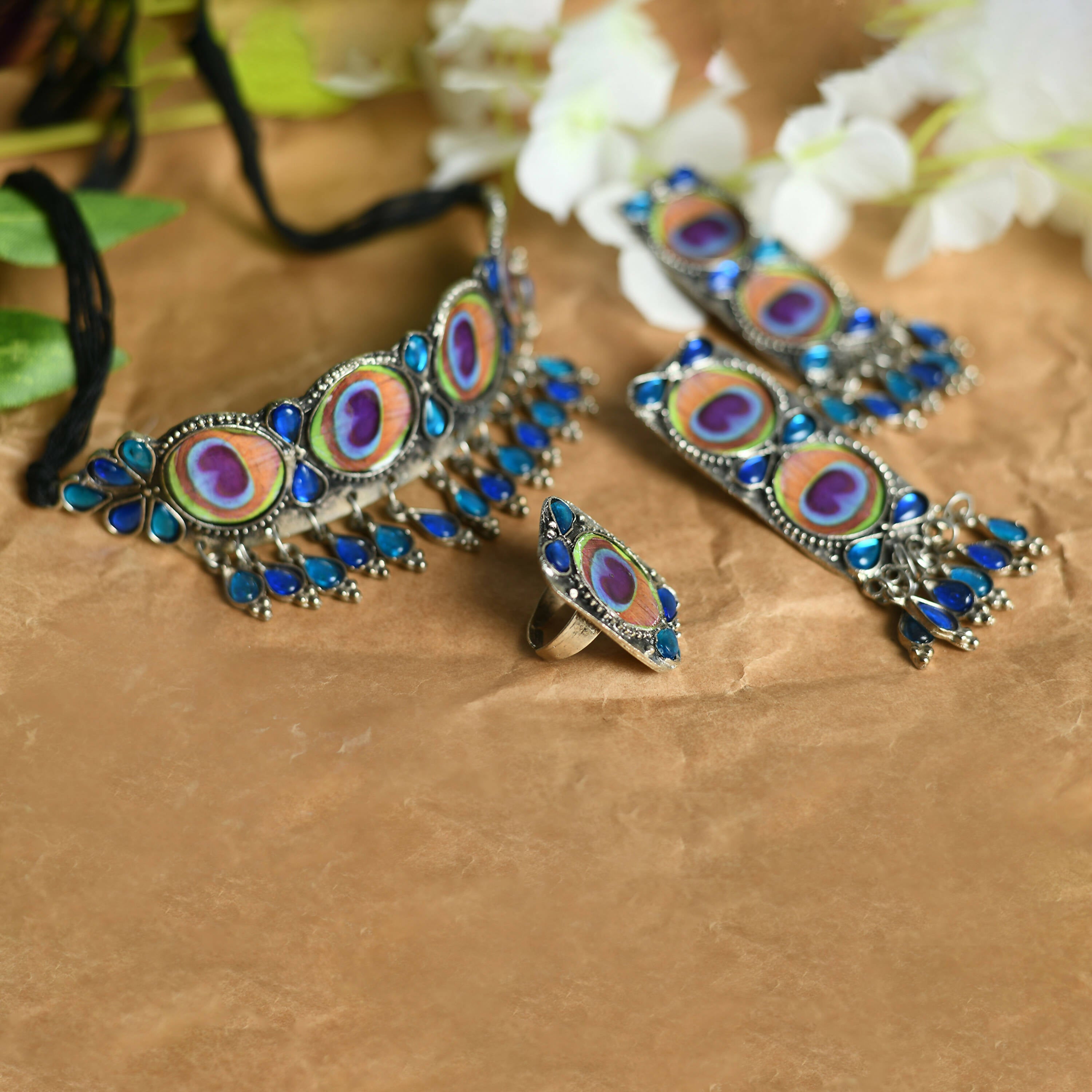 Peacock Wings Choker Necklace in Oxidised Silver-Plated Brass
