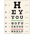 A modern eye test chart wall sticker with black text on an off-white background with primary color accents.