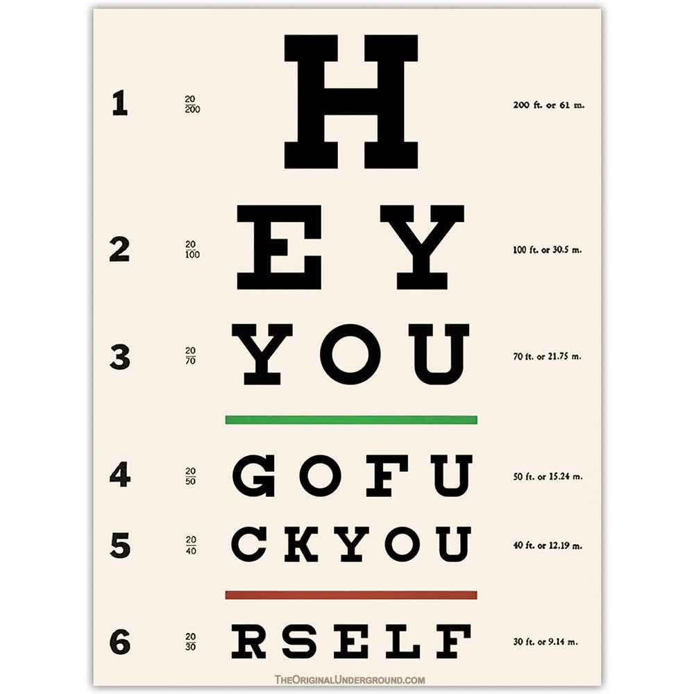 A modern eye test chart wall sticker with black text on an off-white background with primary color accents.