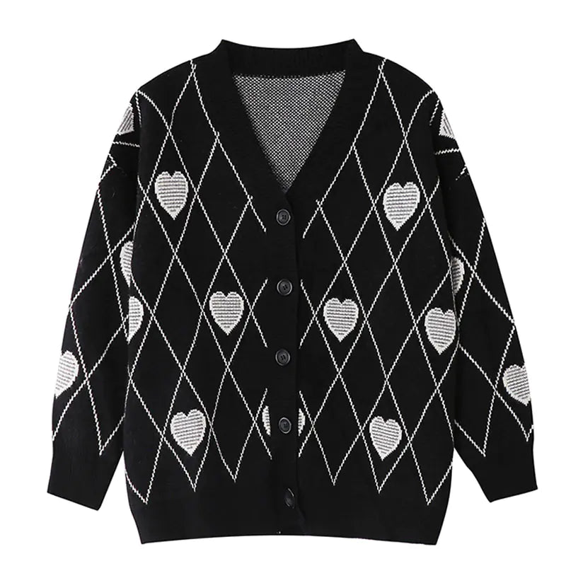 Women's Heart Jacquard Loose Sweater in Black