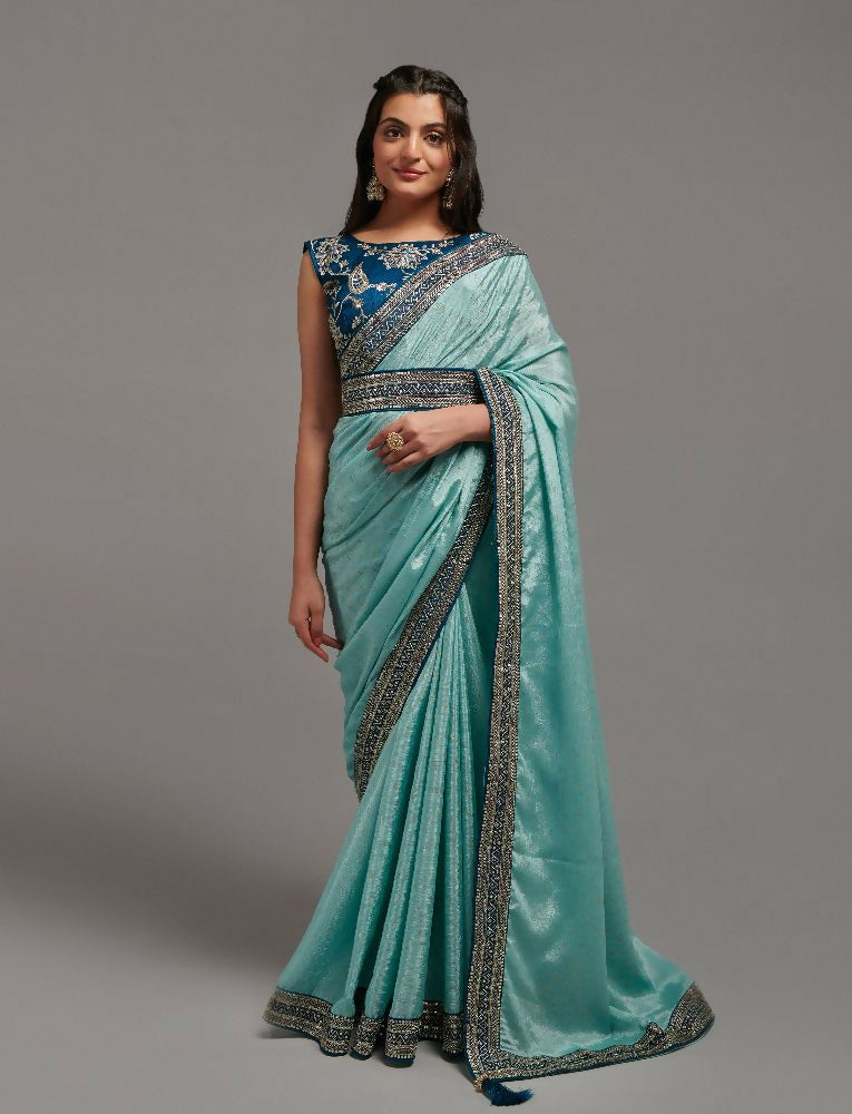 Elegant Sky Chinon saree with detailed embroidery lace and matching blouse fabric
