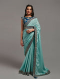 Elegant Sky Chinon saree with detailed embroidery lace and matching blouse fabric