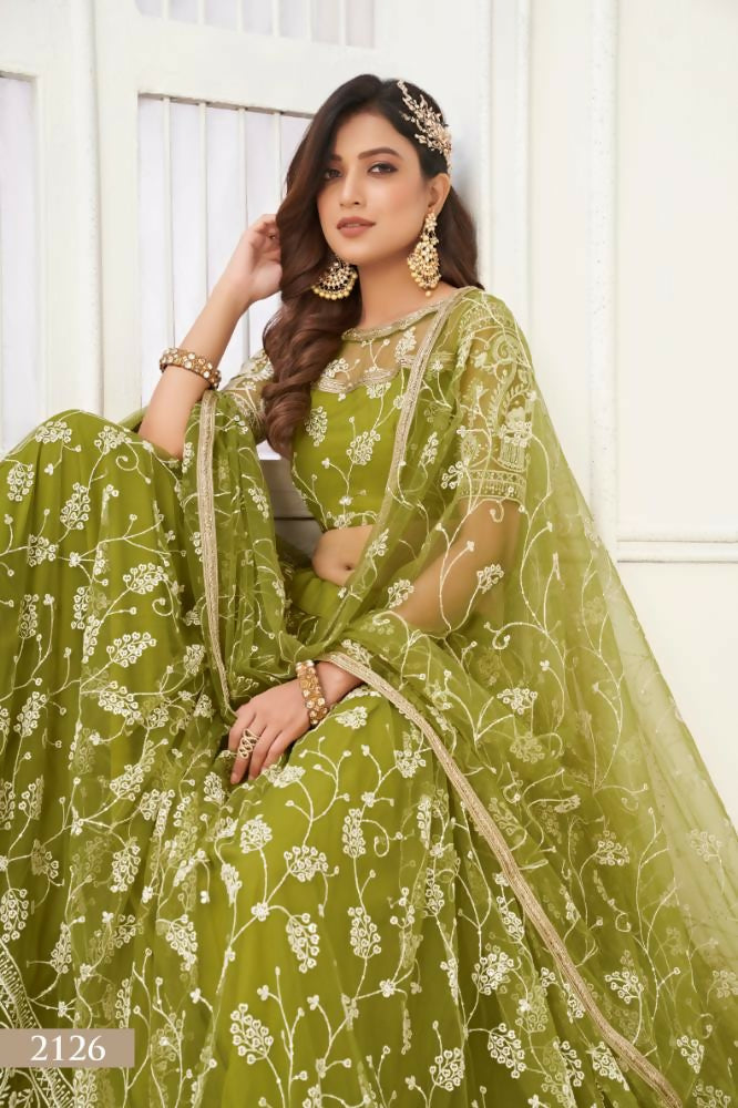 Olive Green Butterfly Net Lehenga Choli with Thread & Sequence Work