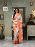 Floral pattern linen saree in white, orange and teal colors