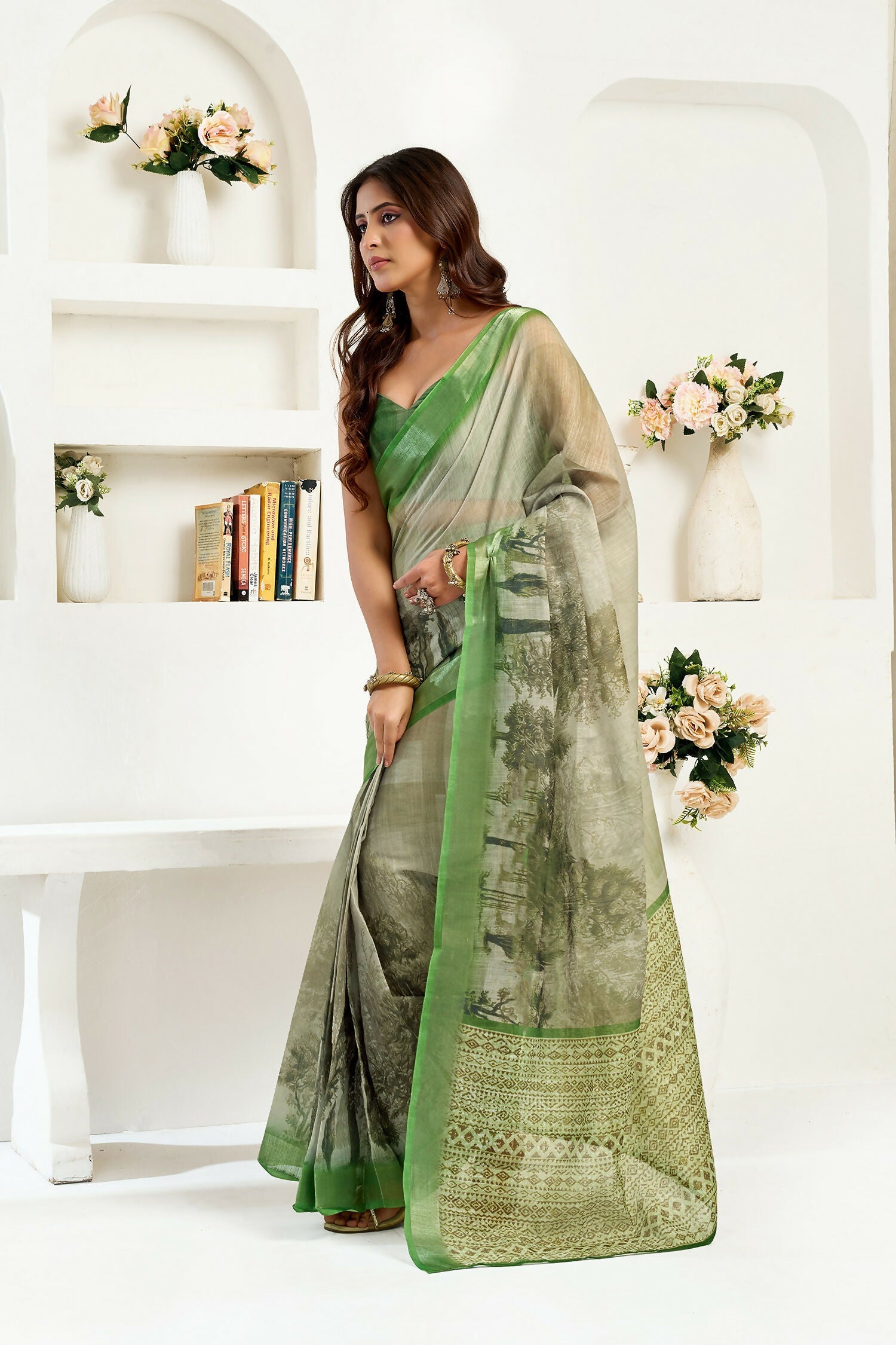 Green Floral & Ethnic Print Linen Ready To Wear Saree with Blouse