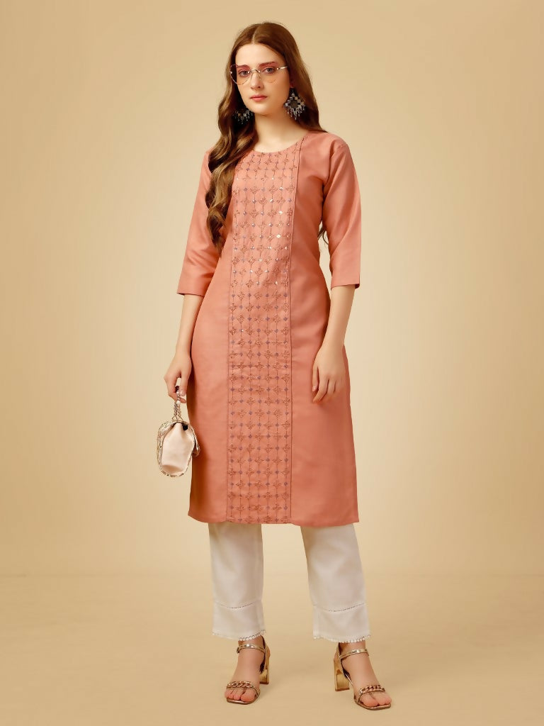 Gajri colored Cotton Magic Slub straight kurta with sequence embroidery and matching pants