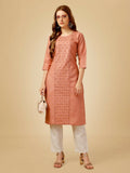 Gajri colored Cotton Magic Slub straight kurta with sequence embroidery and matching pants