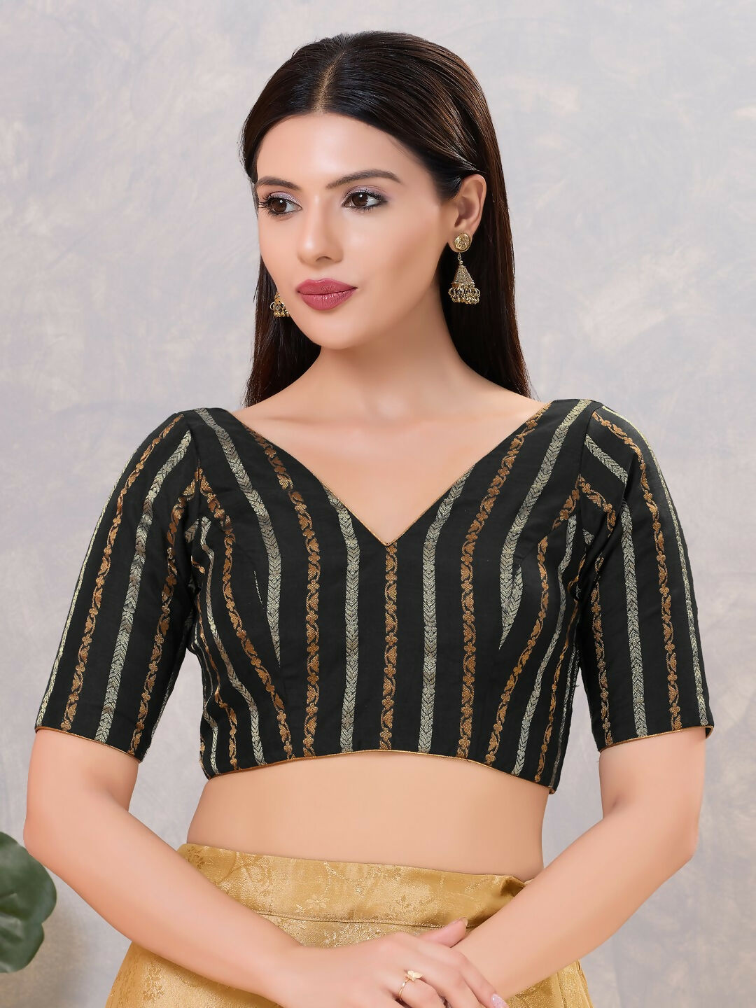 Classic black cotton blend stitched blouse, solid pattern