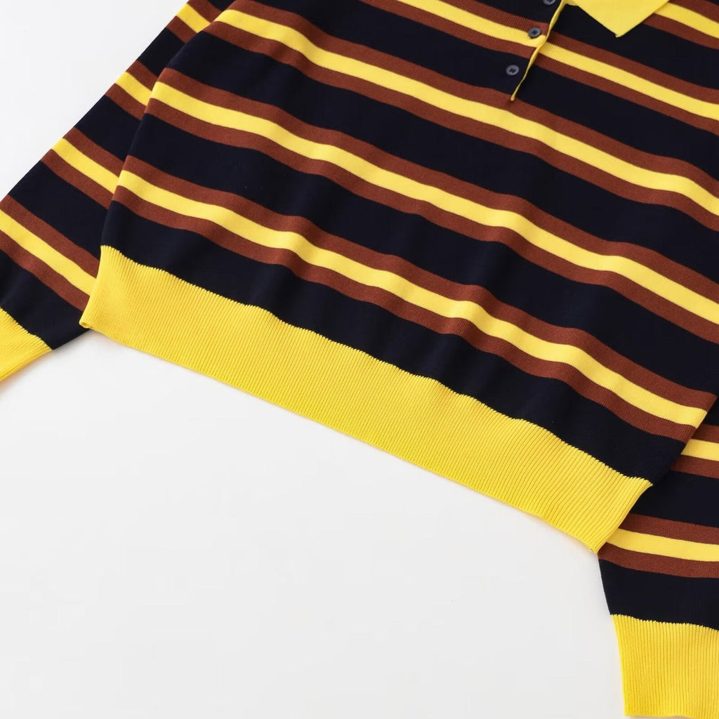 Yellow Striped Long Sleeve Polo Neck Knit Sweater - Image 4