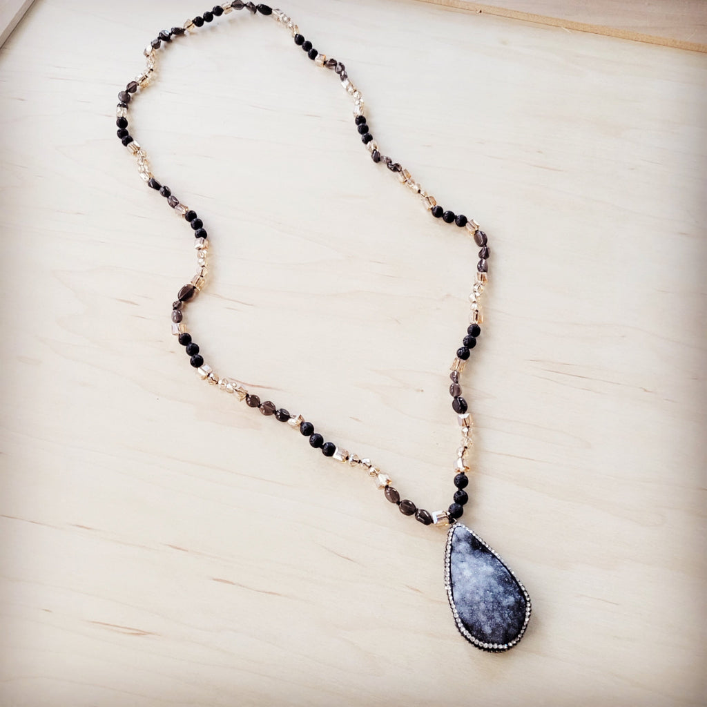 Black Lava Bead Necklace with Sparkling Druzy Teardrop Pendant - Image 2