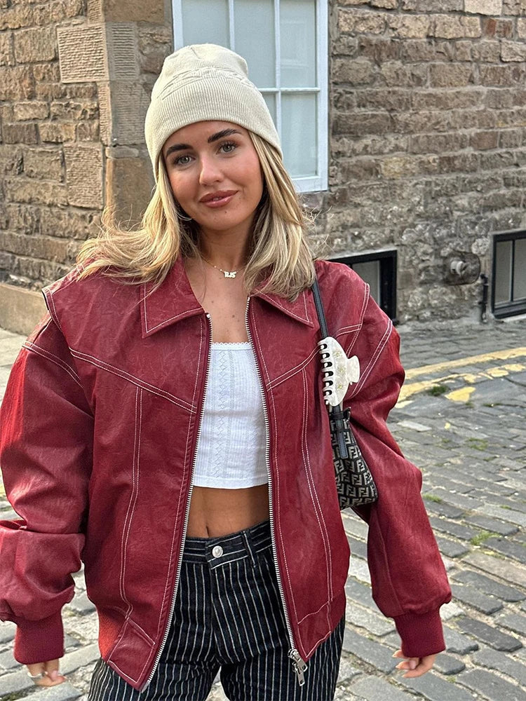 Women's Oversized Red Faux Leather Harajuku Bomber Jacket - Image 2