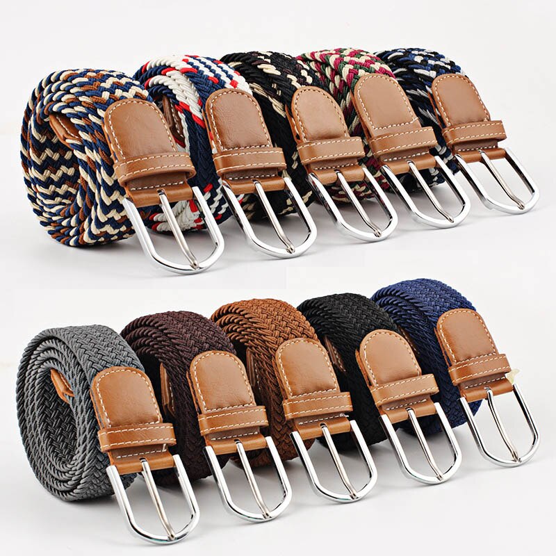 Women's Elastic Woven Belt with Faux Leather Trim & Metal Buckle - Image 2