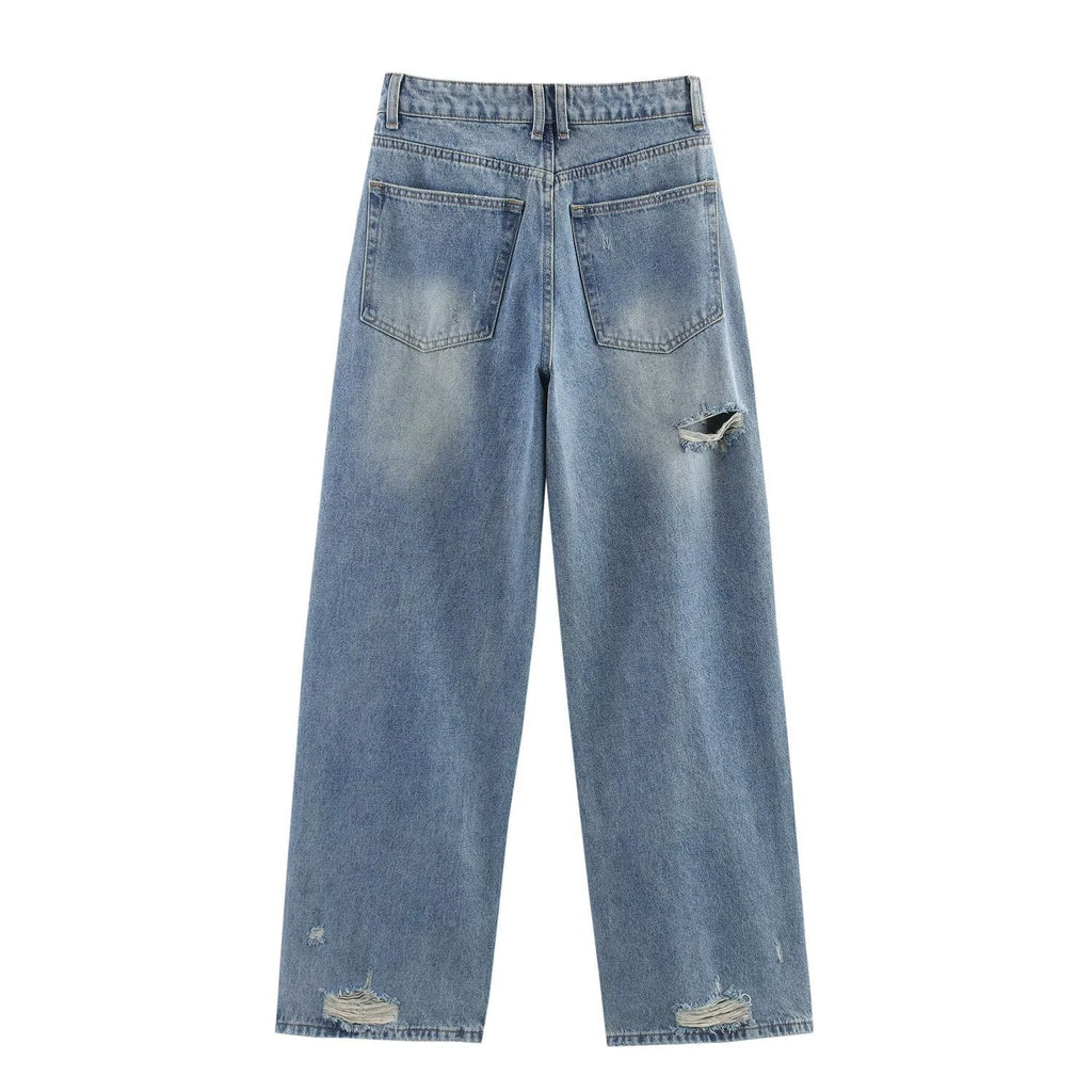 Women's Harajuku Ripped Loose Mid Rise Denim Jeans - Deep Blue - Image 3
