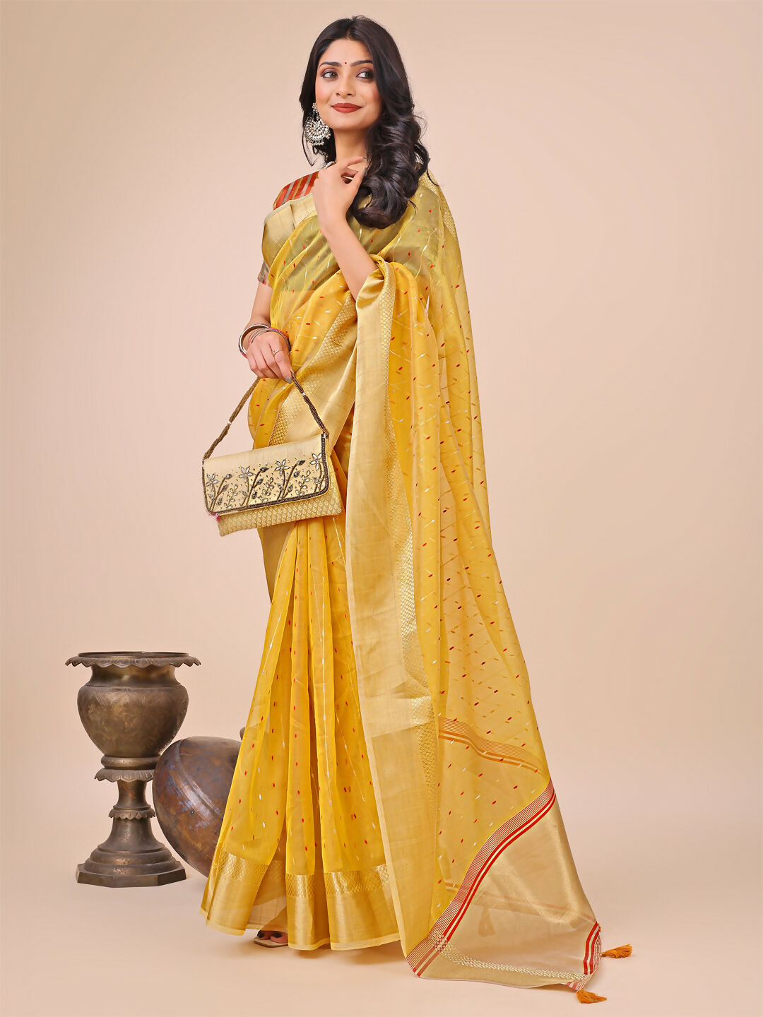 Yellow Organza Saree with Matching Blouse Piece