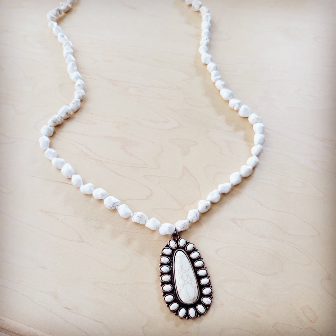 Long White Howlite Beaded Necklace with Squash Blossom Pendant