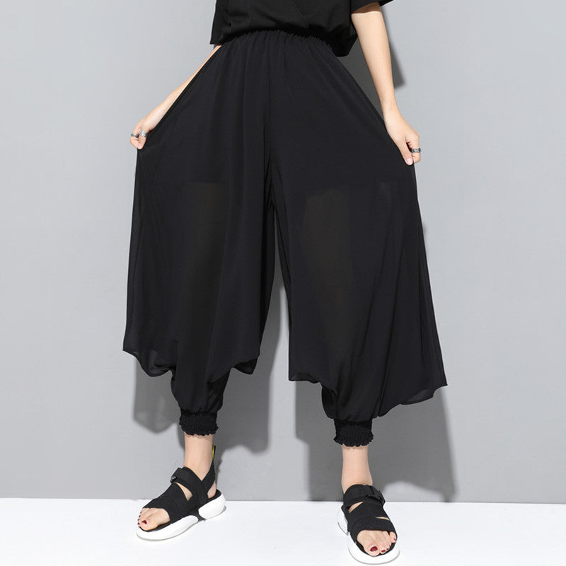 Women's Black Chiffon Harem Pants with Elastic Waist - Image 3