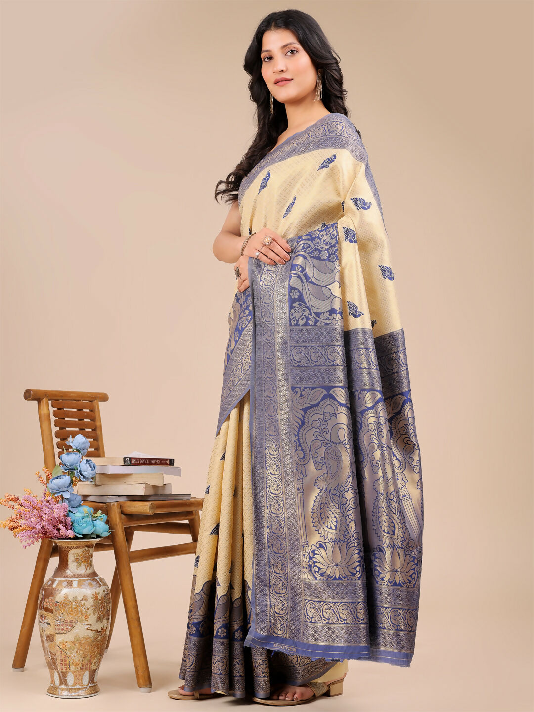 Banarasi Silk Saree in Cream and Navy Blue with Matching Blouse