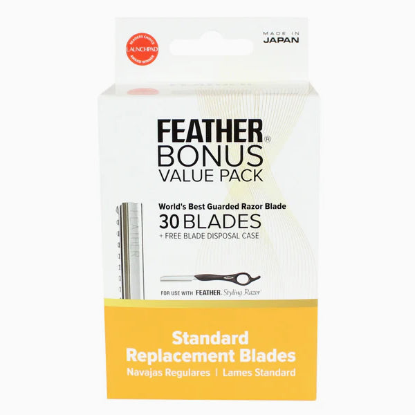 A 30-pack box of professional Feather Styling Razor Blades for hair texturing and blending.
