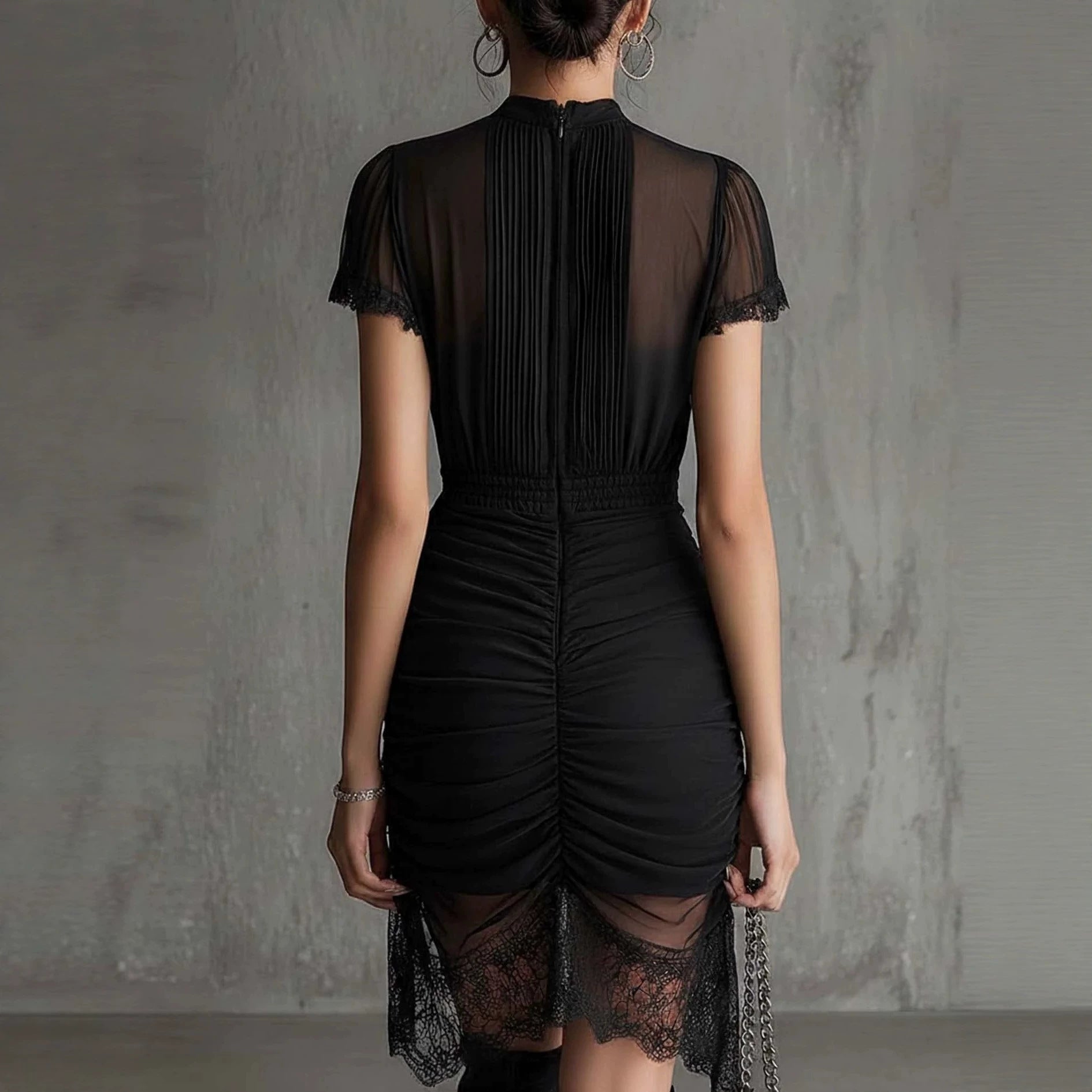 Black Lace Patchwork Slit Midi Dress Slim-Fit High-Waist
