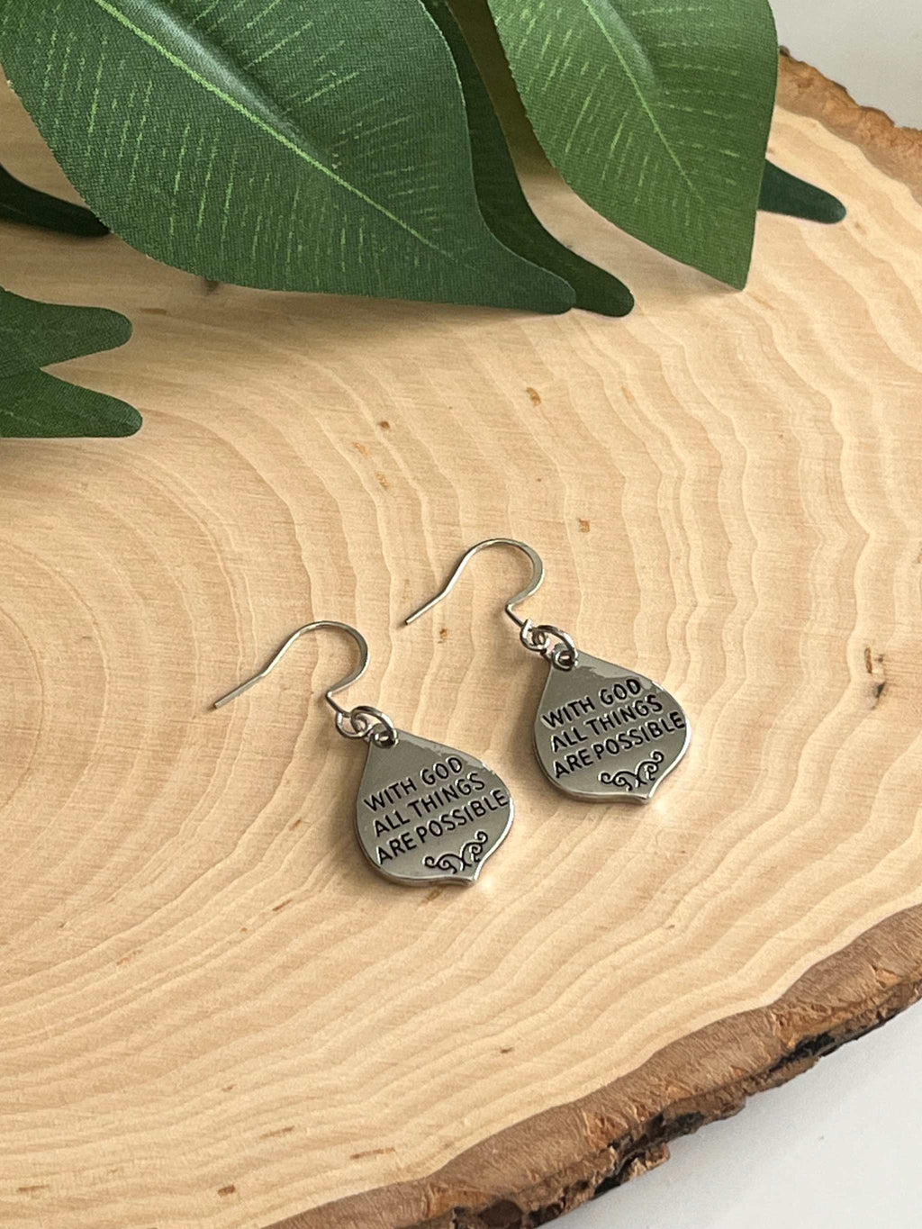 With God All Things Are Possible Silver Drop Earrings Religious